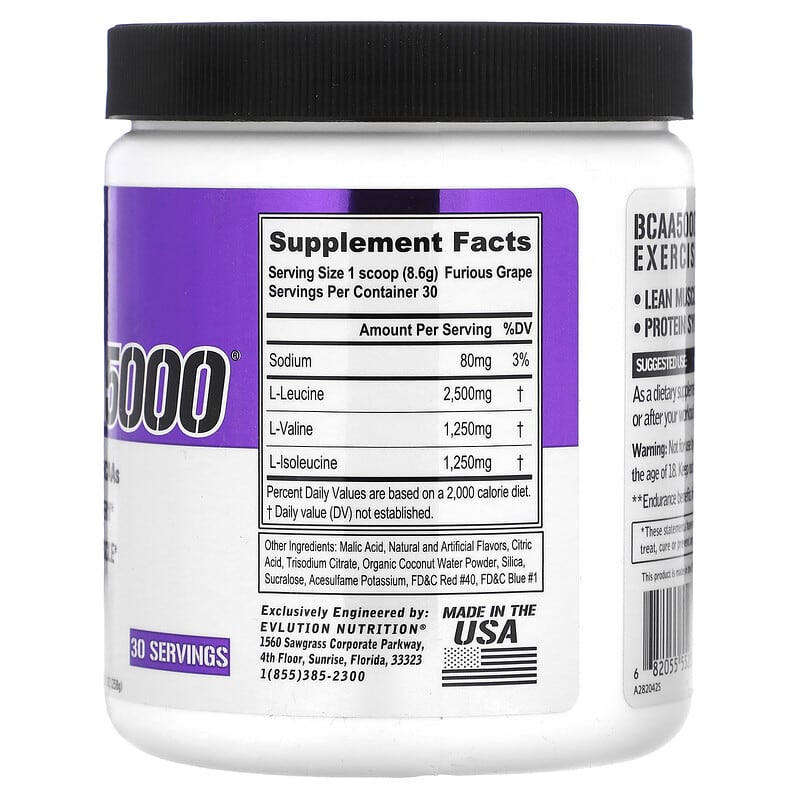 EVLution Nutrition, BCAA5000, Furious Grape, 9.1 oz (258 g) - Medaid International