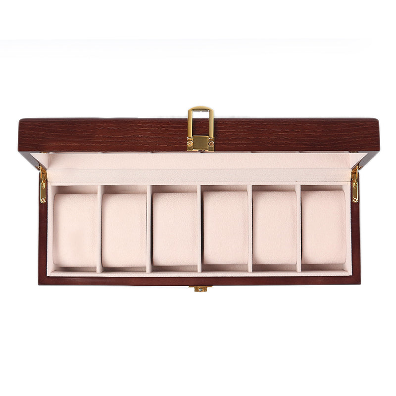6 Slot Wooden Watch Box Display Storage Case with Glass Lid Lockable Wooden Watch Holder Organizer Brown - Medaid International
