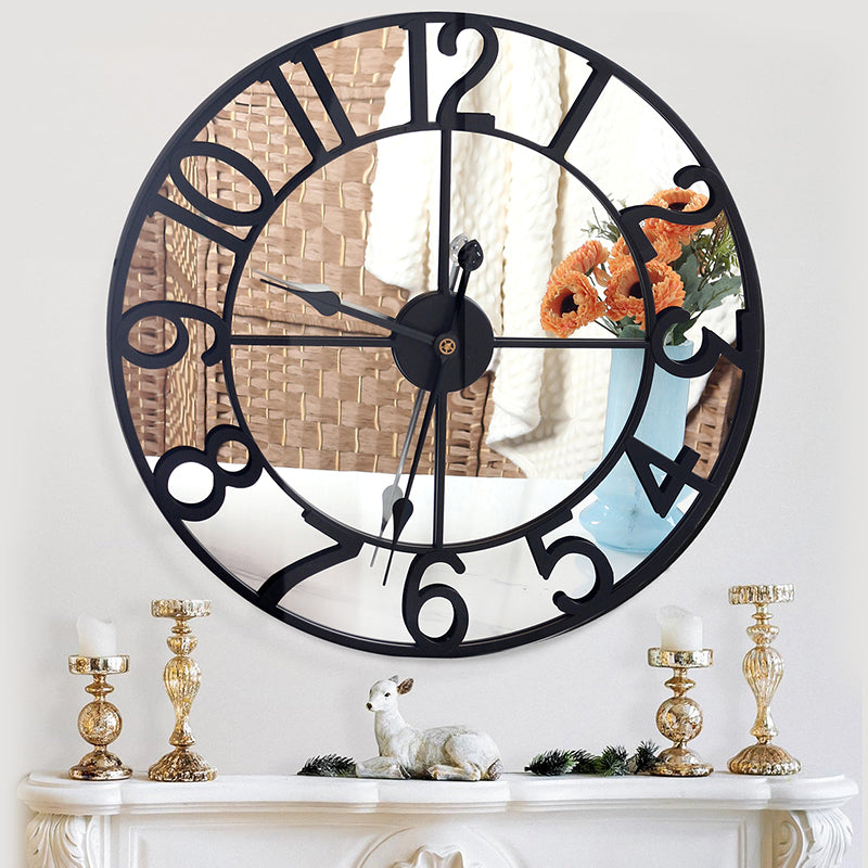 60 CM Large Wall Clock with Mirror and Wooden Back Metal Round Wall Clocks Non Ticking Battery Operated for Living Room Kitchen Bedroom Office Black - Medaid International