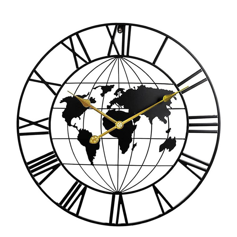 60 CM Large World Map Wall Clock Metal Round Clock Non Ticking Battery Operated Wall Clocks for Living Room Kitchen Bedroom Office Black - Medaid International