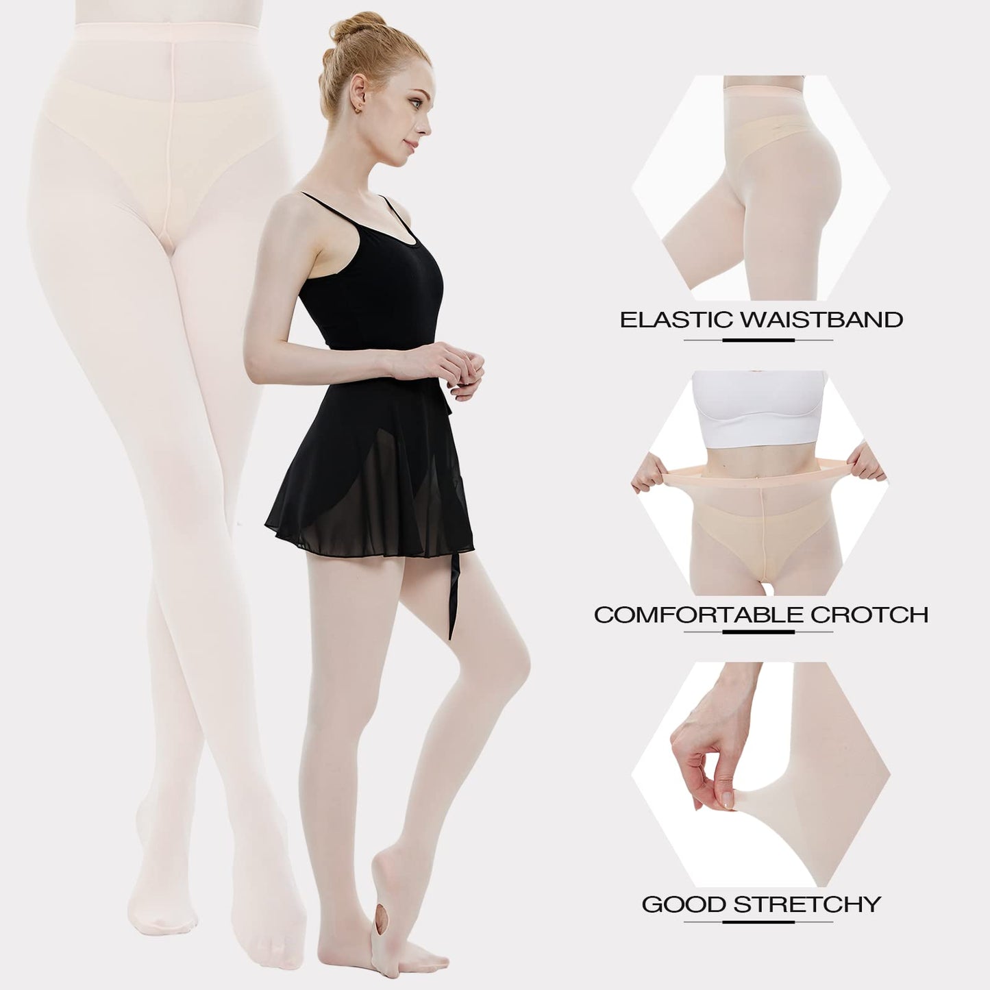 MANZI 3 Pairs Dance Tights for Women Solid Color 40D Comfortable Convertible Opaque Ballet Tights(Ballet Pink S/M) - Medaid International