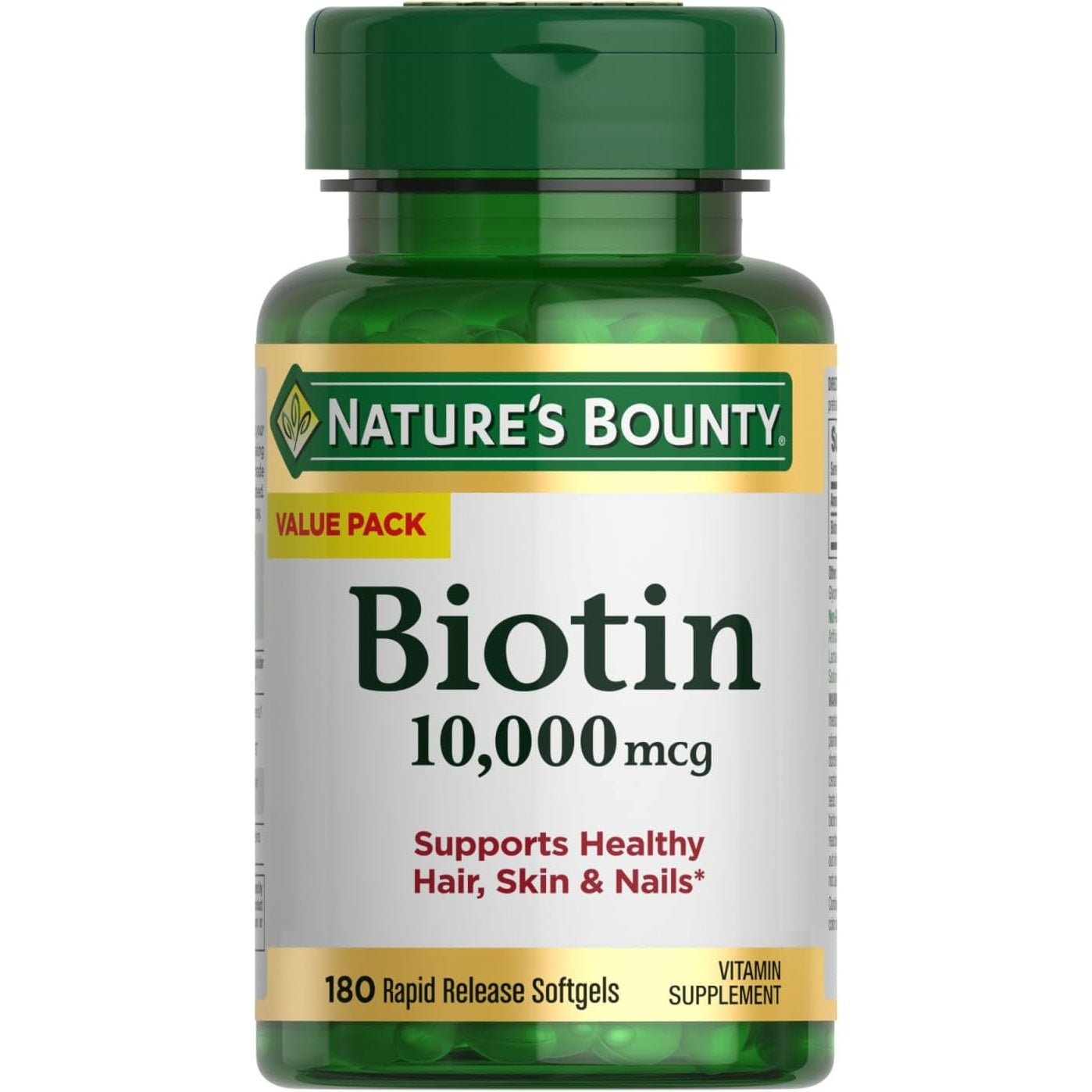 Nature's Bounty Biotin, Supports Healthy Hair, Skin and Nails, 10,000 mcg, Rapid Release Softgels, 180 Ct - Medaid International