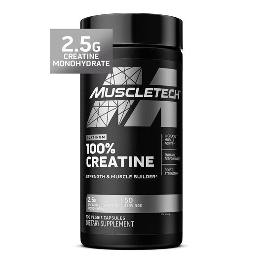 MuscleTech Platinum Creatine Monohydrate Capsules - Creapure Creatine Pre & Post Workout Muscle Builder, Muscle Recovery & Energy Boosting Supplement for Men & Women - 100 Veggie Pills - Medaid International