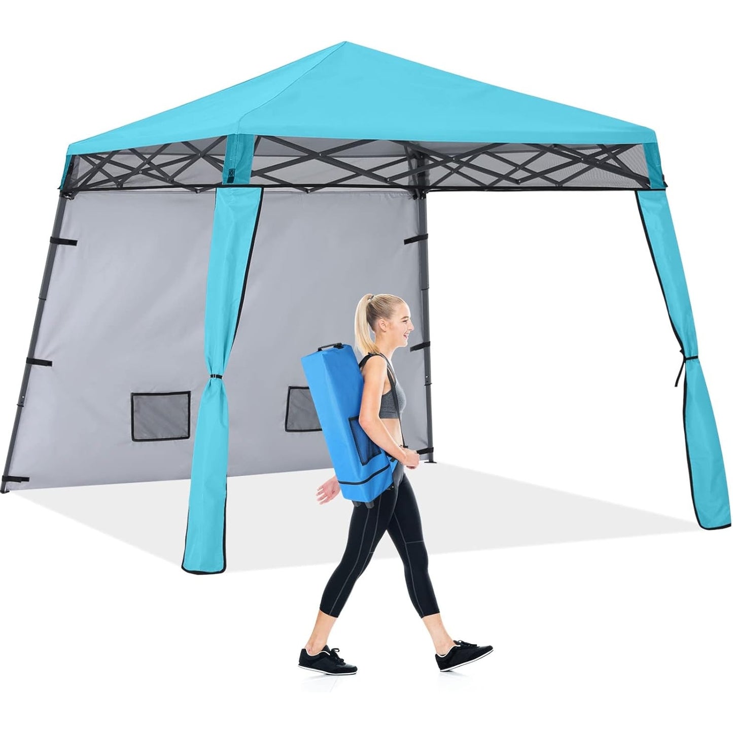 COOSHADE Compact Lightweight Backpack Canopy Sun Protection 8x8 Pop up Shelter Slant Leg Beach Tent with 1 Sidewall, 4 Extra Sandbags (Sky Blue) - Medaid International