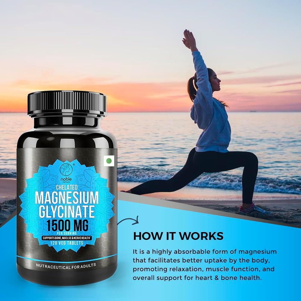 Noble Nature Magnesium Glycinate Chelated 1500MG - High Absorption Supplement to Support Nerves and Muscles Health - 120 Veg Tablets - Medaid International