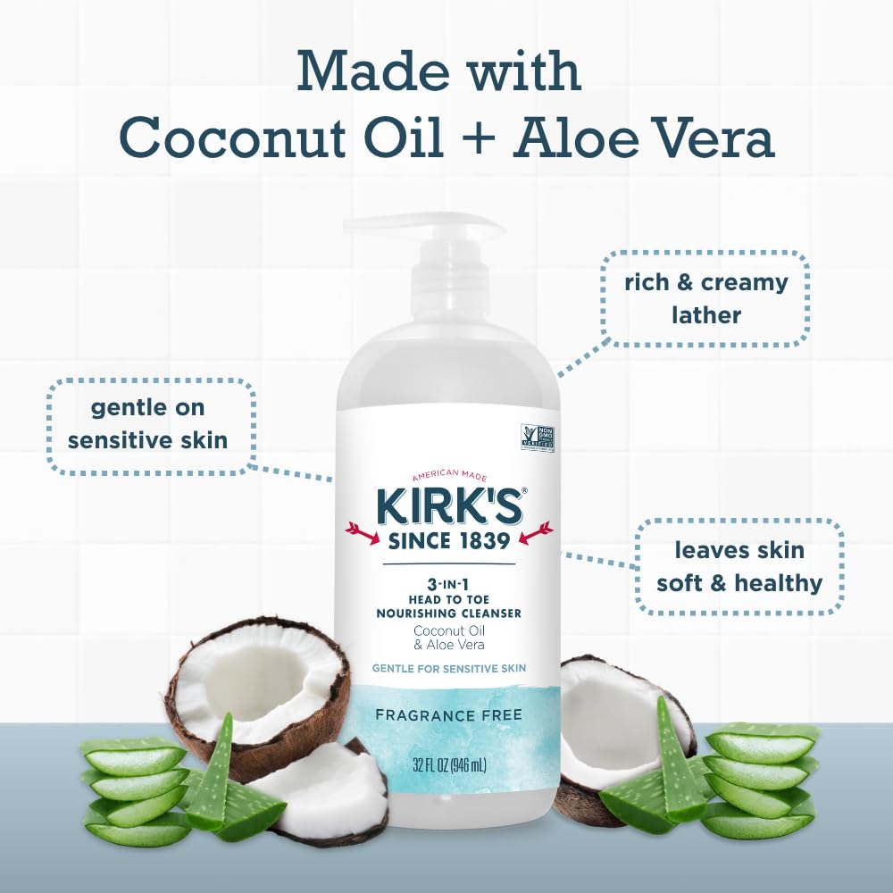 Kirk's 3-in-1 Head to Toe Nourishing Liquid Cleanser- for Men, Women & Children - Premium Coconut Oil & Aloe Vera- Non GMO & Vegan -Fragrance Free - 32 Fl Oz. - Medaid International