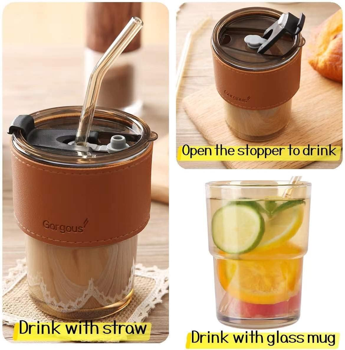 Coffee Mug Glass Tumbler With Silicone Straw and Lid 360 ml, Cup With Leather Sleeve - Medaid International