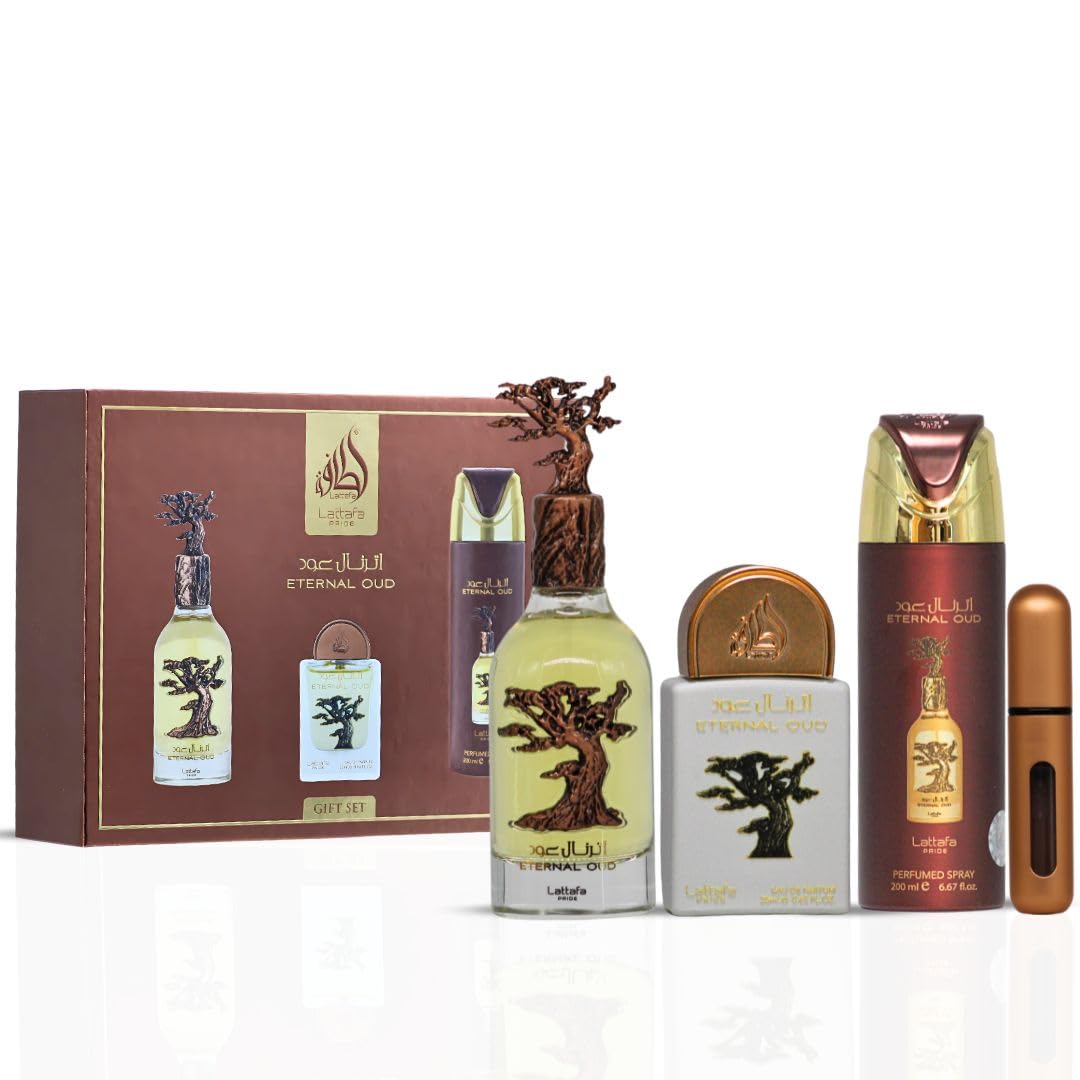 Lattafa Pride Eternal Oud 3-Piece Luxury Perfume Gift Set for Men & Women - Luxe Arabian Perfume | Lush Fruits, Powdery Florals & Smoky Oud | Opulent, Long-Lasting & Unisex Fragrance (Gift Set) - Medaid International