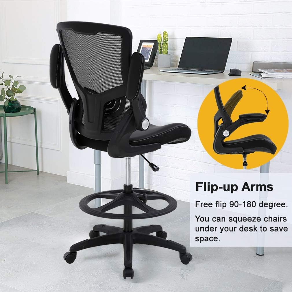 Drafting Chair Ergonomic Tall Office Chair Standing Desk Chair with Flip Up Arms Foot Rest Back Support Adjustable Height Mesh Drafting Stool, Black - Medaid International