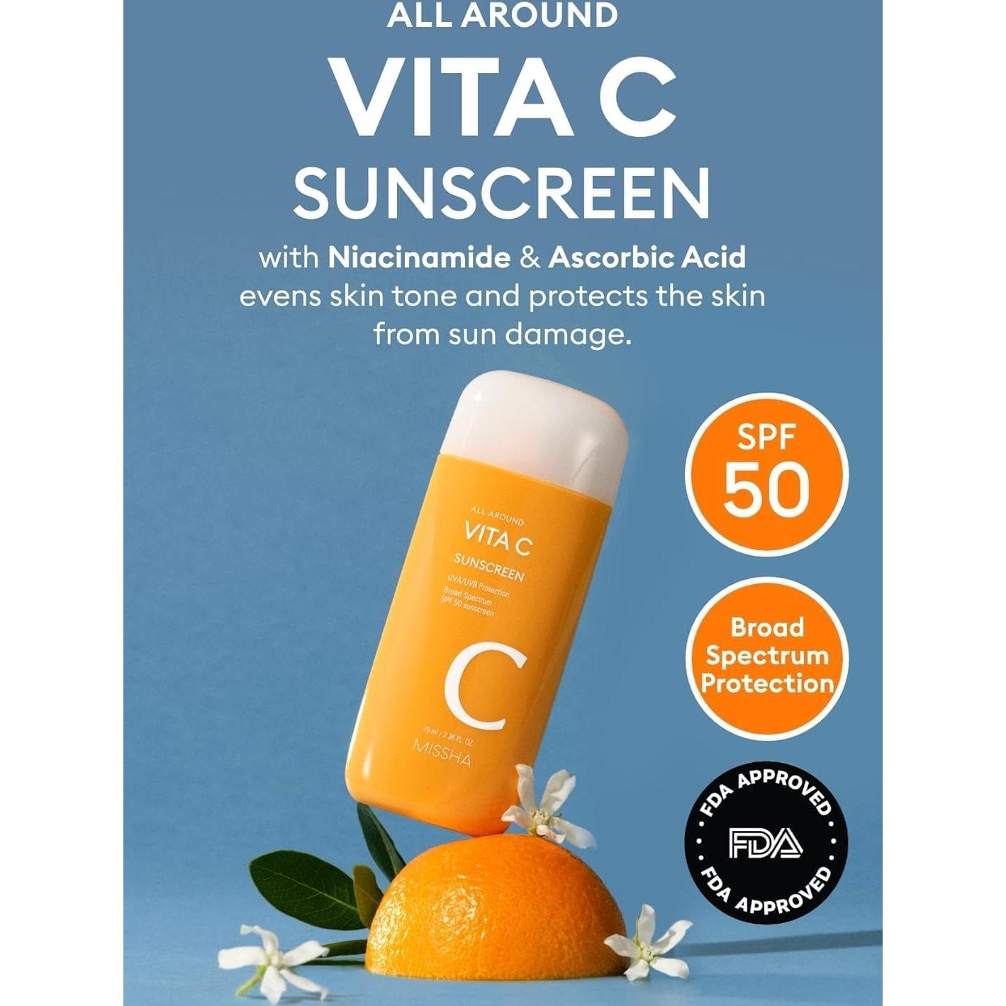 MISSHA All Around Vita C Sunscreen SPF 50/2.36 Fl Oz - Korean Sunscreen for Face with Vitamin C for Even Tone, Lightweight, Non-Sticky, Sebum Control - Medaid International
