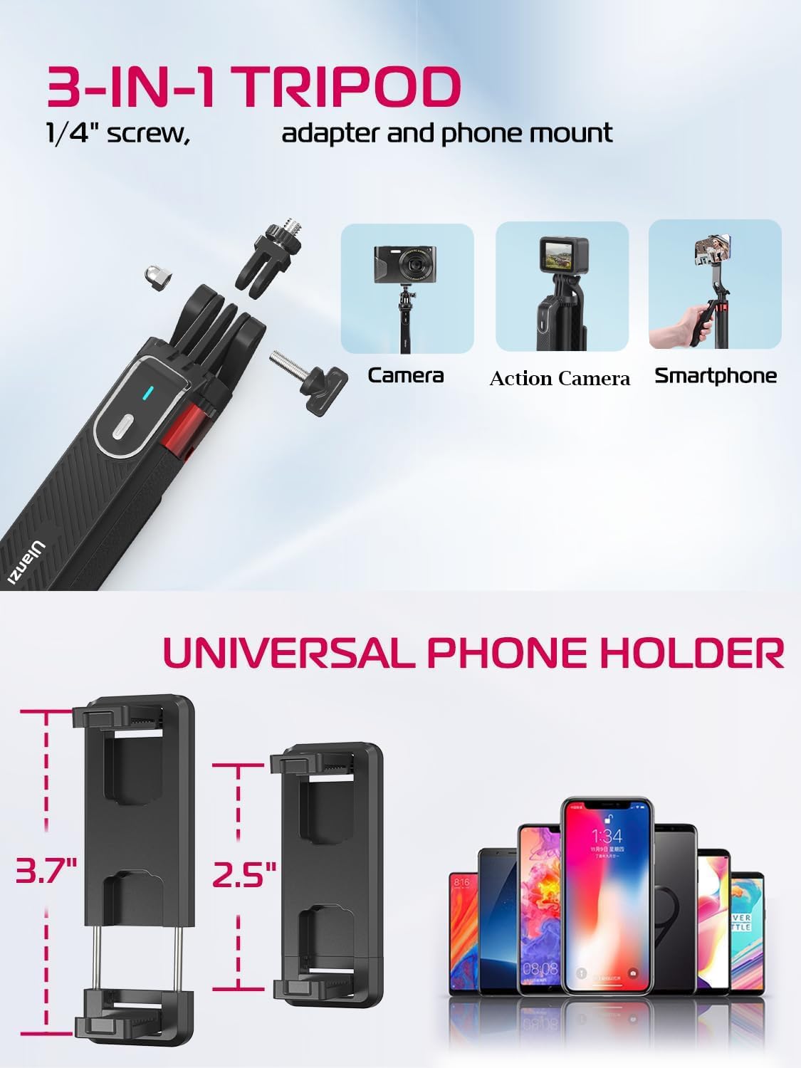 ULANZI MA09 Extendable Phone Tripod, 71" Selfie Stick Vlog Tripod Stand Quadrapod with All in 1 Phone Clip, Travel Tripods Cellphone Holder w Rechargeable Remote for iPhone Sony Canon Action Camera - Medaid International
