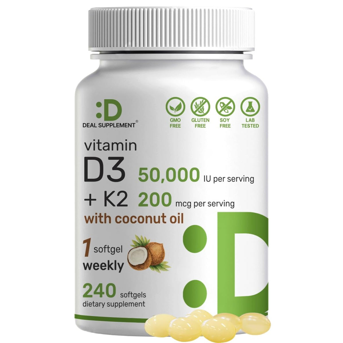 DEAL SUPPLEMENT Vitamin D3 50,000 IU + K2 MK7 200mcg Softgels, 240 Count | 2-in-1 Complex with Virgin Coconut Oil | Supports Heart, Bone, Teeth & Immune Health | Easy to Swallow - Medaid International
