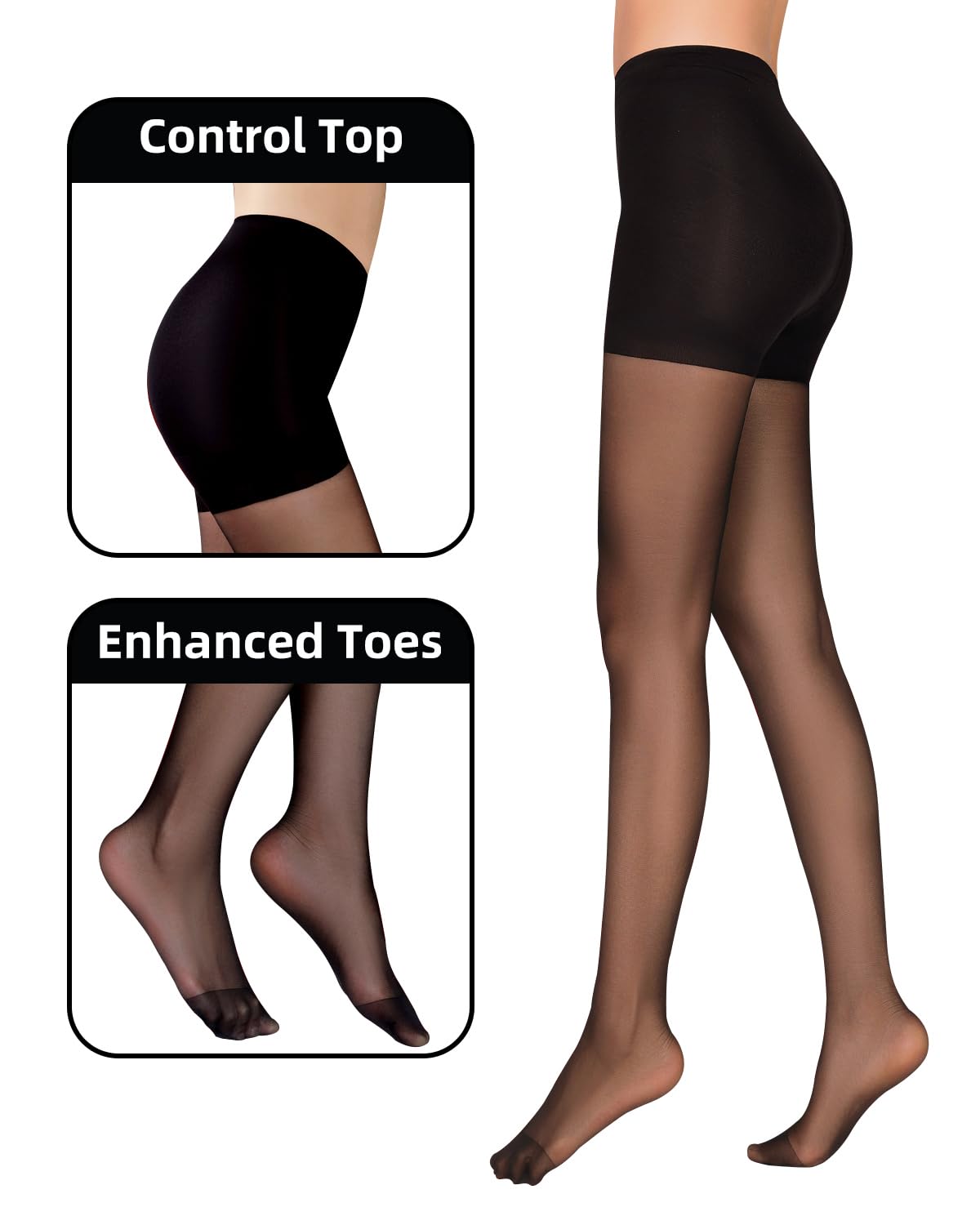 Citystl 2 Pack Black Tights for Women, 30D Sheer tights Control Top Pantyhose with Reinforced Toes - Medaid International