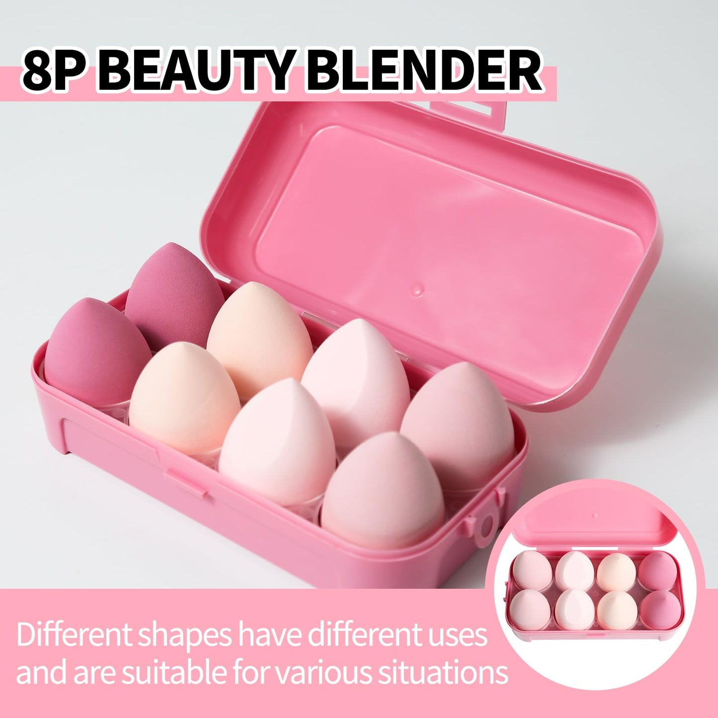 Generic 8 Pcs Egg Shaped Makeup Sponge Set - Blender Beauty Foundation Blending Sponge - Dry & Wet Use - Pink, Synthetic & Silicone Material - Blending, Applying Foundation, Concealer, Blush - Medaid International