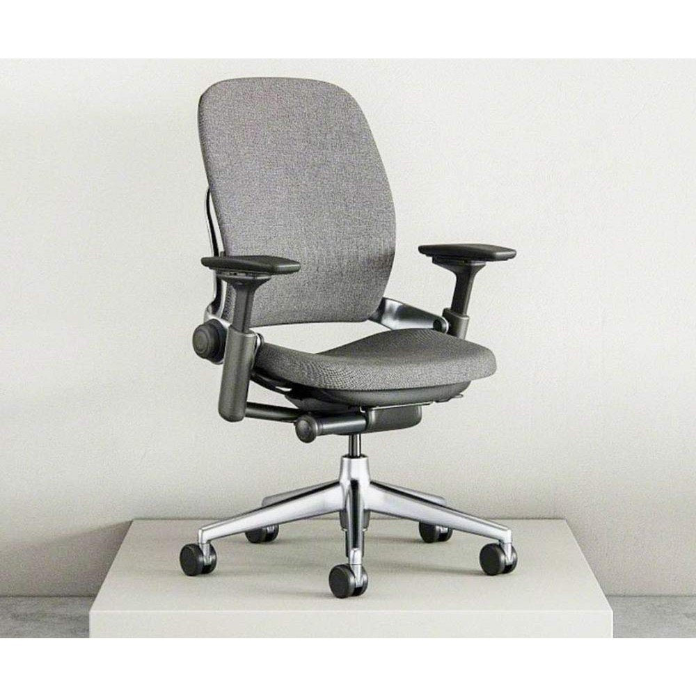 Steelcase Leap Desk Chair in Gunmetal Gray Elmosoft Leather L113-4-Way Highly Adjustable Arms - Polished Aluminum Frame and Base 8046 - Soft Dual Wheel Hard Floor Casters - Medaid International