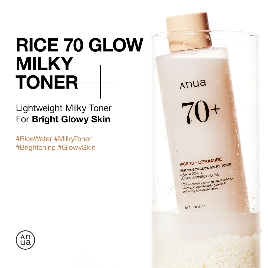 ANUA Rice 70 Glow Milky Toner, for Glass Skin, Rice Water, Niacinamide, Ceramides, Panthenol, Fragrance-Free, Non comedogenic, Fungal Acne Safe, Korean Skin Care, 250ml/8.45fl.oz. - Medaid International