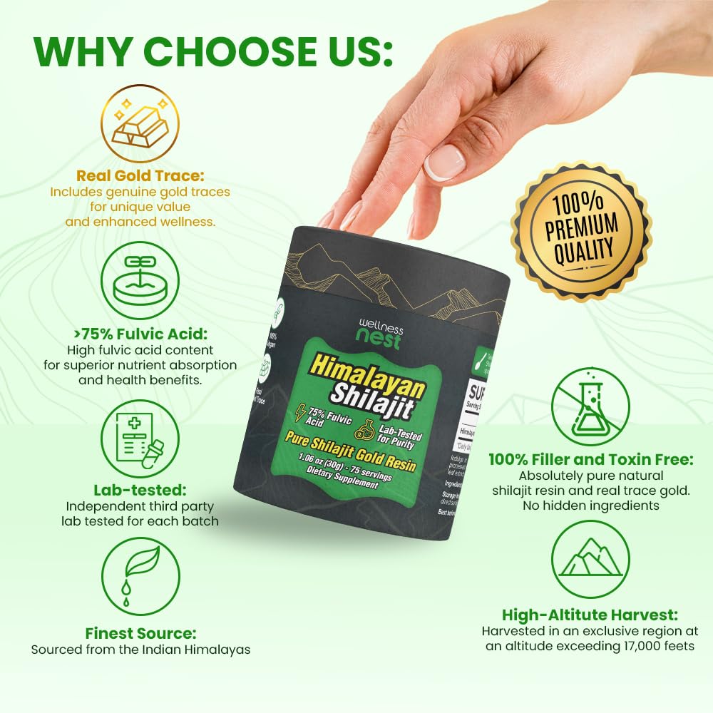 Wellness Nest Gold Grade Pure Himalayan Shilajit Resin: Ultimate Potency for Men & Women - 24k Gold, 75%+ Fulvic Acid, Lab Test Report Included - 30g (1 Pack), 75 Servings - Medaid International