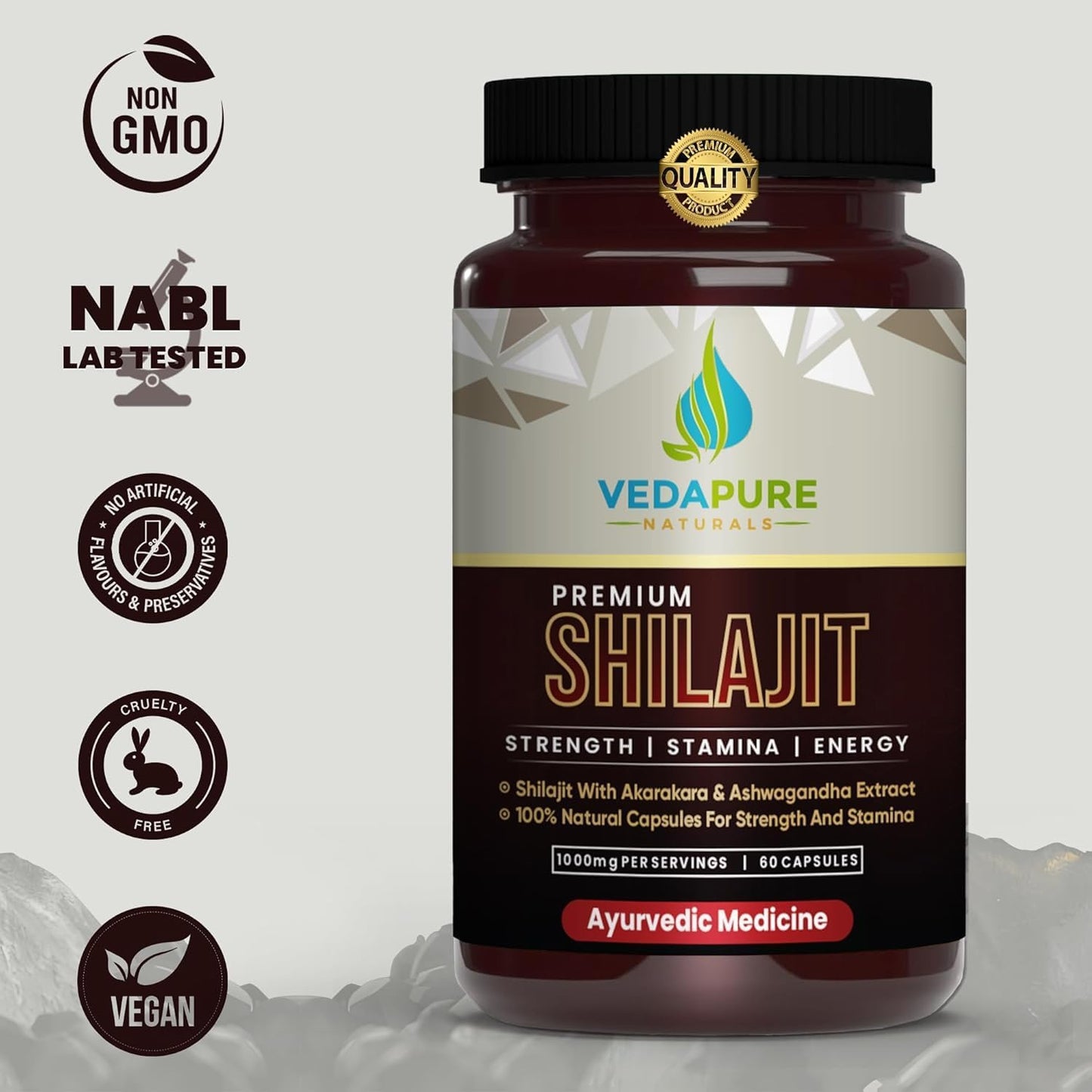 Vedapure Natural Shilajit/Shilajeet with Safed Musli & Ashwagandha Extracts - 1000mg 60 Capsules - Medaid International