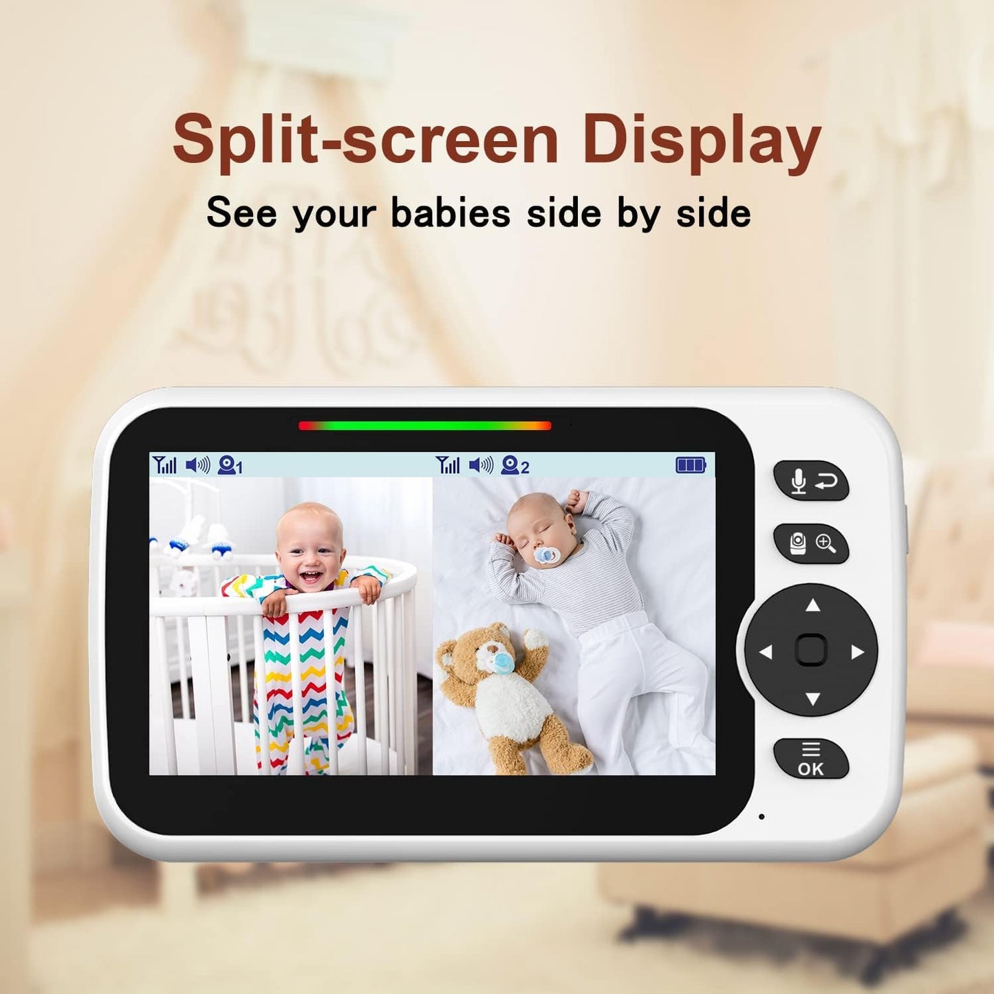Blemil Upgrade Baby Monitor with 30-Hour Battery, 5" Large Split-Screen Video Baby Monitor with 2 Cameras and Audio, Remote Pan/Tilt/Zoom, Two-Way Talk, Room Temperature, Auto Night Vision - Medaid International