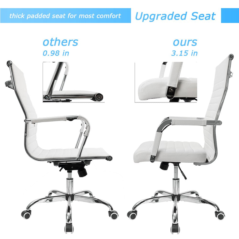 Furmax Ribbed Office Desk Chair Mid-Back PU Leather Executive Conference Task Chair Adjustable Swivel Chair with Arms (White) - Medaid International