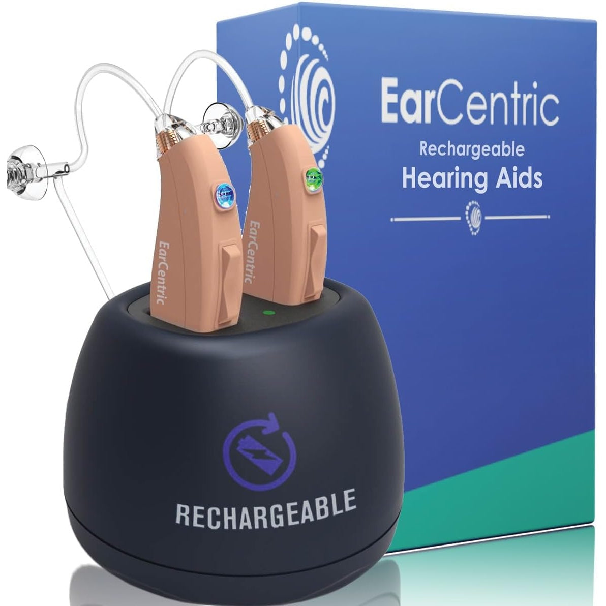 EarCentric EasyCharge Rechargeable Hearing Aids (Pair) for Seniors, Behind-The-Ear BTE Ear Aid PSAP digital Personal sound amplification products devices with Noise Cancellation (Beige) - Medaid International