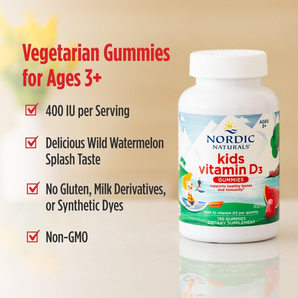 Nordic Naturals Vitamin D3 Gummies Kids, Wild Watermelon Splash - 60 Gummies - 400 IU Vitamin D3 - Bone Health, Healthy Immunity - Non-GMO, Vegetarian - 60 Servings - Medaid International