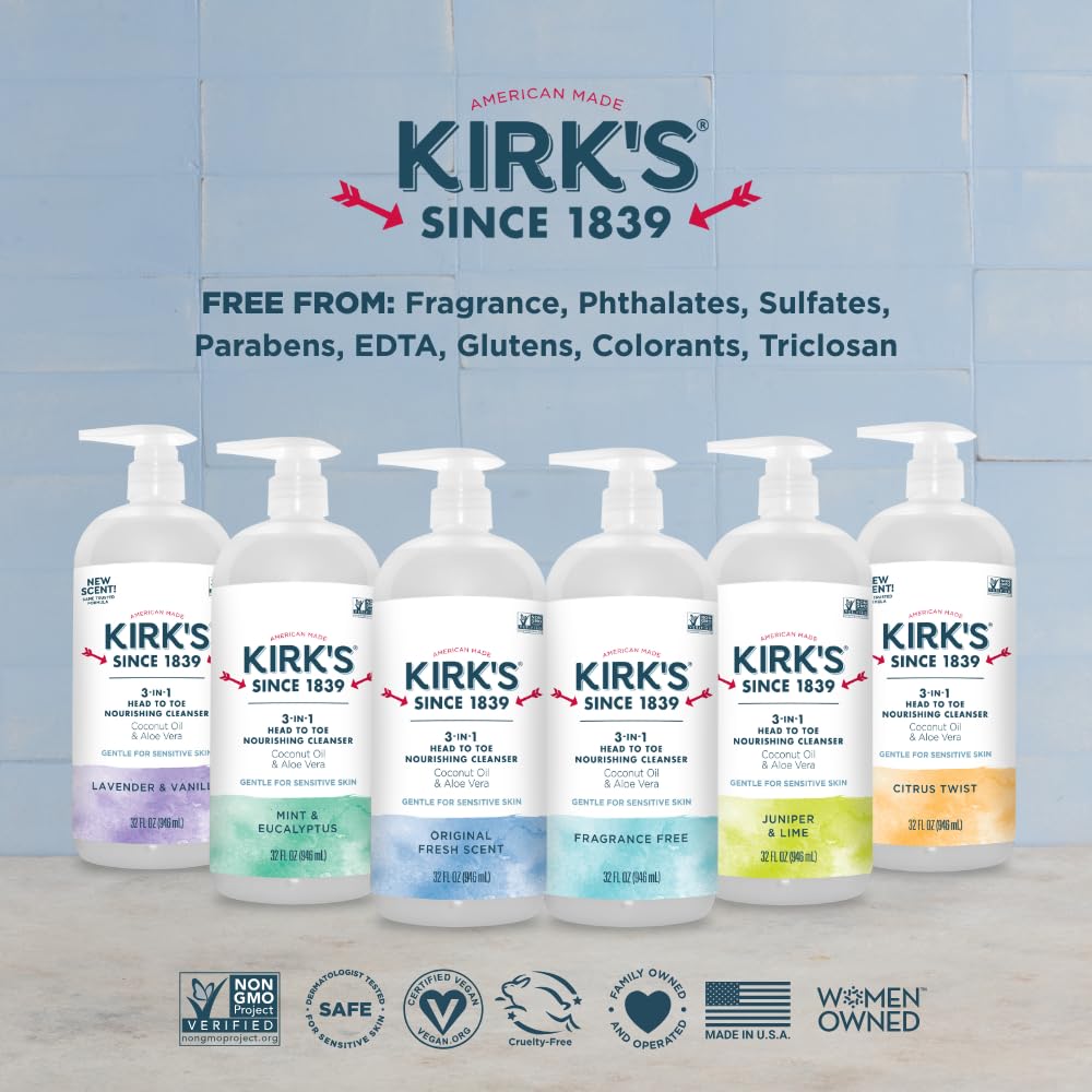 Kirk's 3-in-1 Head to Toe Nourishing Liquid Cleanser- for Men, Women & Children - Premium Coconut Oil & Aloe Vera- Non GMO & Vegan -Fragrance Free - 32 Fl Oz. - Medaid International