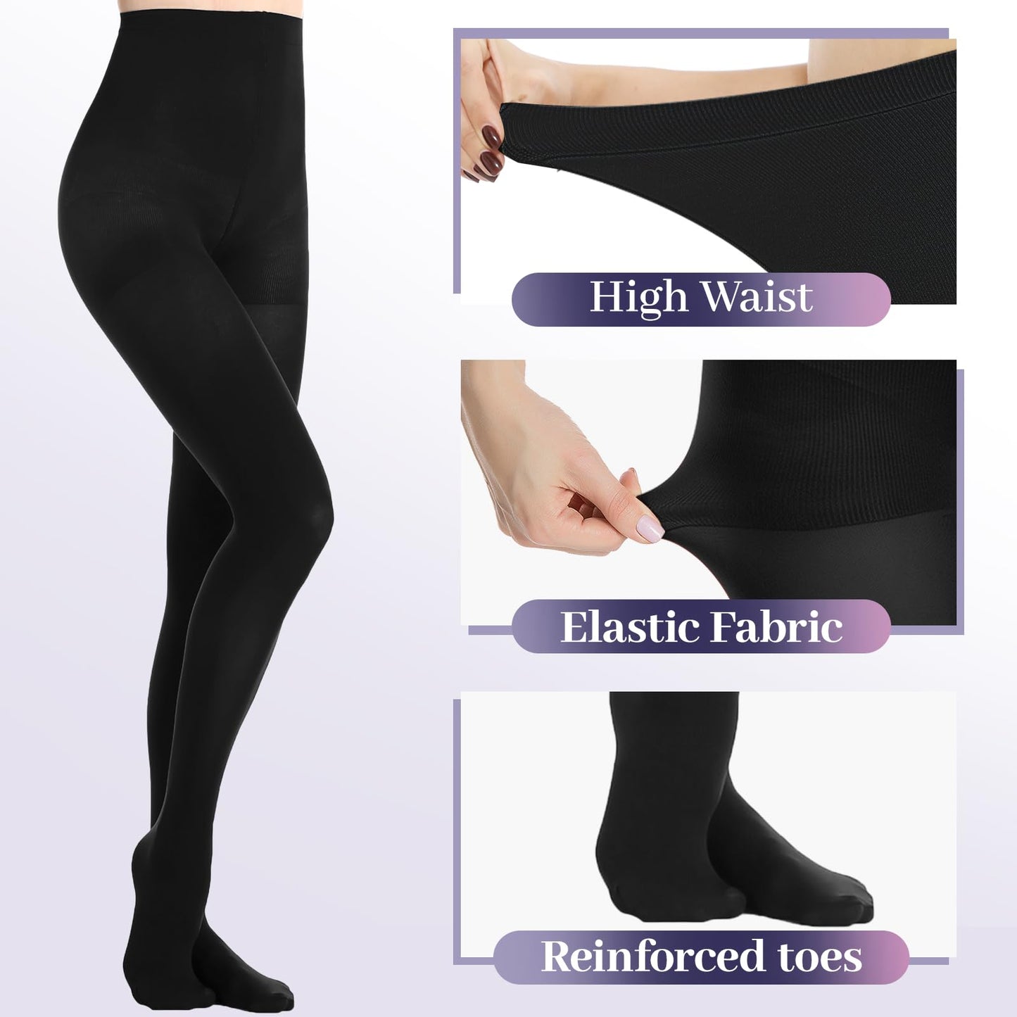 MANZI 2 Pairs Women's Run Resistant Control Top Panty Hose Opaque Tights, Small, Black - Medaid International