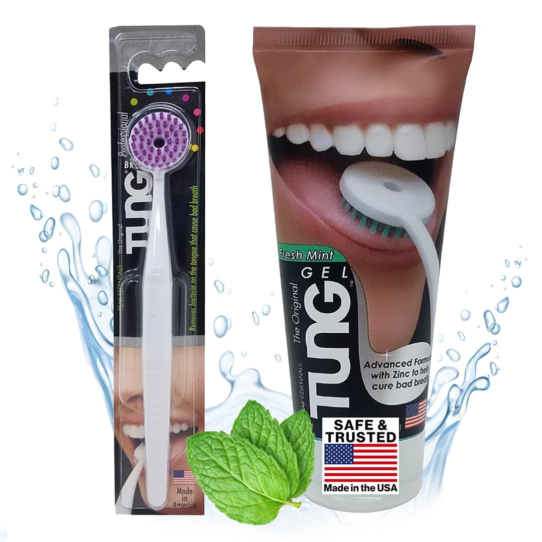 Tung Tongue Brush & Gel Kit | Tongue Cleaner for Adults | Tongue Scraper to Fight Bad Breath and Halitosis | Mouth Odor Eliminator | Fresh Mint | Made in America (Set of 1) - Medaid International