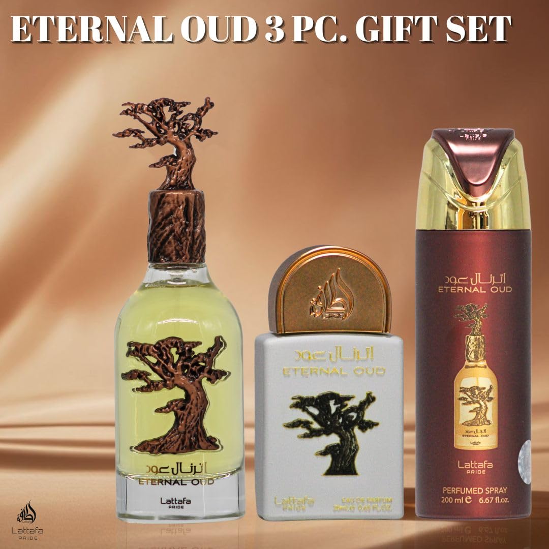 Lattafa Pride Eternal Oud 3-Piece Luxury Perfume Gift Set for Men & Women - Luxe Arabian Perfume | Lush Fruits, Powdery Florals & Smoky Oud | Opulent, Long-Lasting & Unisex Fragrance (Gift Set) - Medaid International