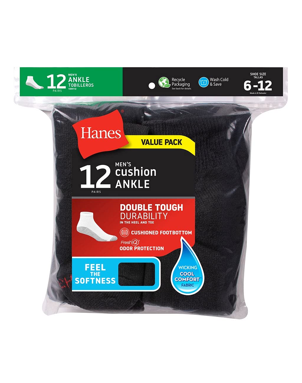Ankle Socks for Mens, 12-Pair Black, Shoe Size: 6-12 - Medaid International
