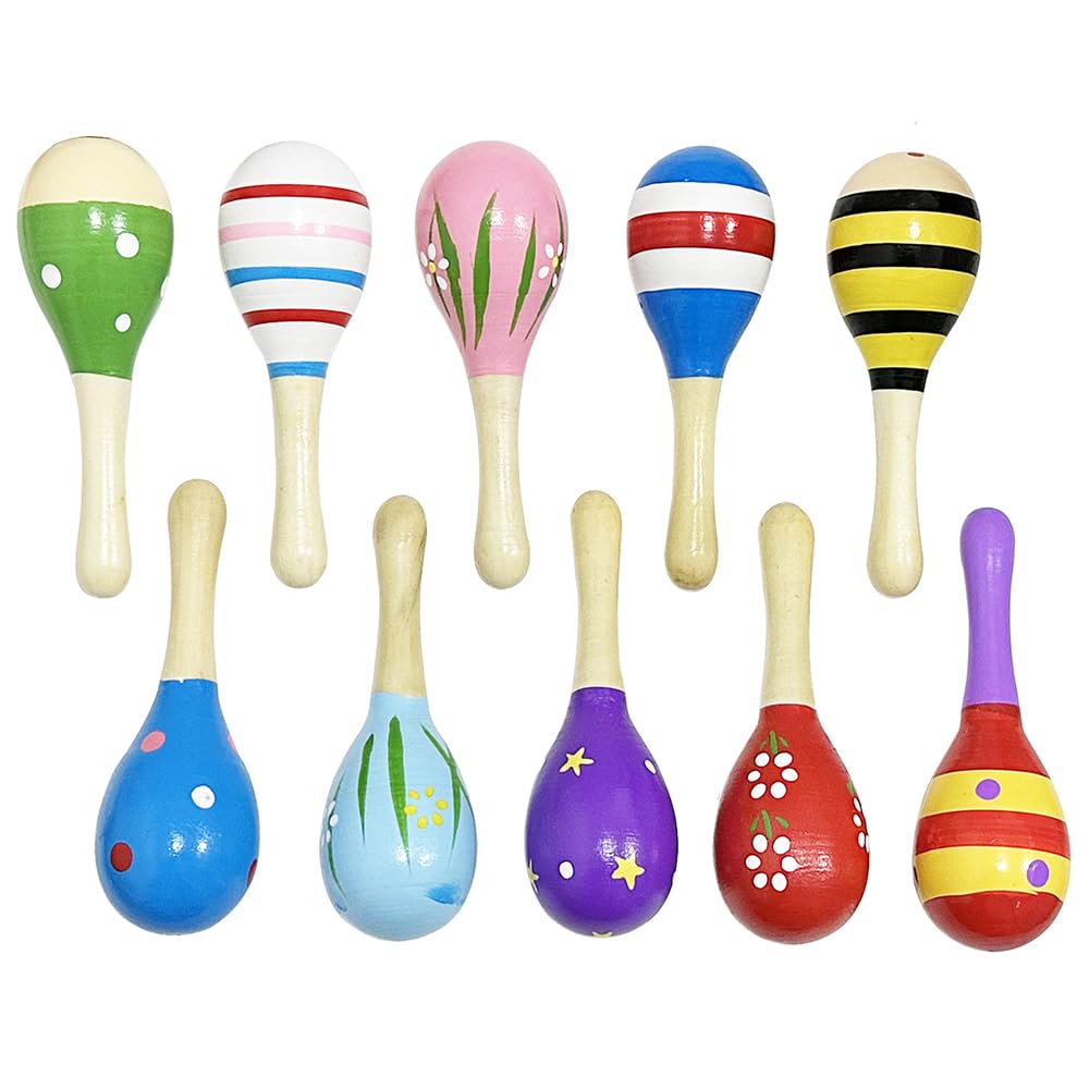 Deermon Lovely 10 Pack Kids Colorful Mini Wooden Maracas, Festival Rattles Egg Shaker Noisemaker Party Favors, Baby Shaker Sand Hammer Mexican Theme Birthday Musical Instruments Hand Percussion Toy - Medaid International