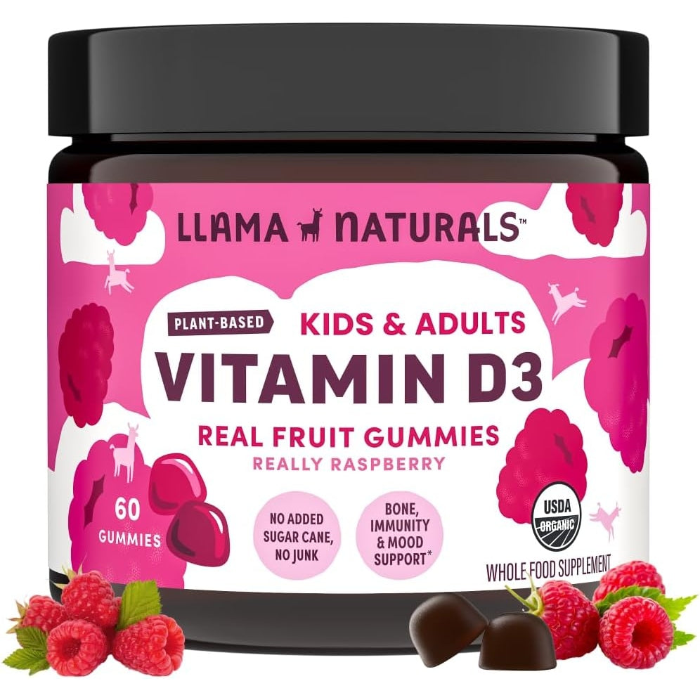 Llama Naturals Real Fruit Vitamin D3 Gummies Kids & Adults; No Added Sugar Cane, Organic, Vegan, Healthy Bones, Immunity, Mood, for Women, Men, Children; 200% DV Each; 60 ct (30-60 Days) (Raspberry) - Medaid