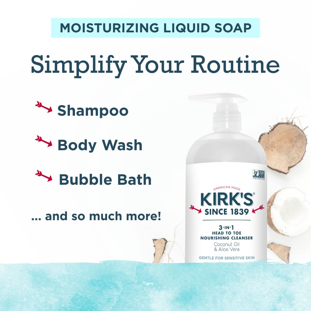 Kirk's 3-in-1 Head to Toe Nourishing Liquid Cleanser- for Men, Women & Children - Premium Coconut Oil & Aloe Vera- Non GMO & Vegan -Fragrance Free - 32 Fl Oz. - Medaid International
