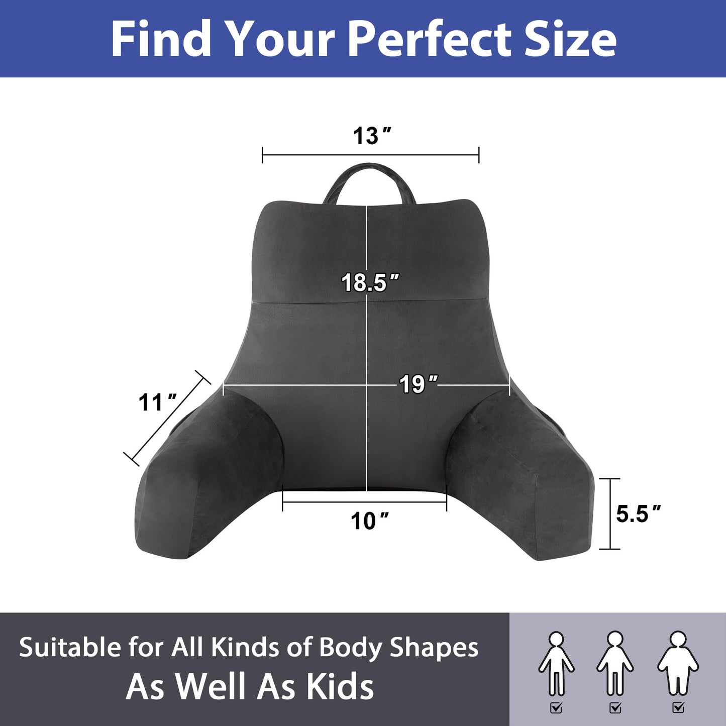 IPYNBAP Back Pillow for Bed Sitting up, Reading Pillow for Sitting in Bed Adult, Back Support Pillow, Memory Foam Sit up Lounge Backrest Pillow with Arms for TV, Couch, Chair, Dorm, 18 Inch, Grey - Medaid International