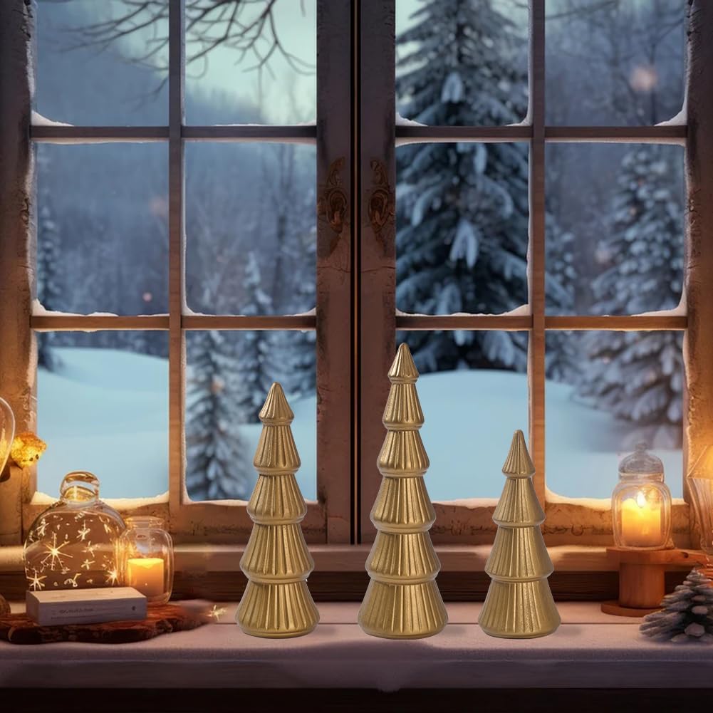 Wooden Christmas Tree, Set of 3 Tabletop Tree Figurine Wood Desk Centerpieces Table Tree Decoration Festive Ornament for Accents Xmas Mantel Shelf Home Decor Holiday Party Indoor Outdoor (Gold) - Medaid International