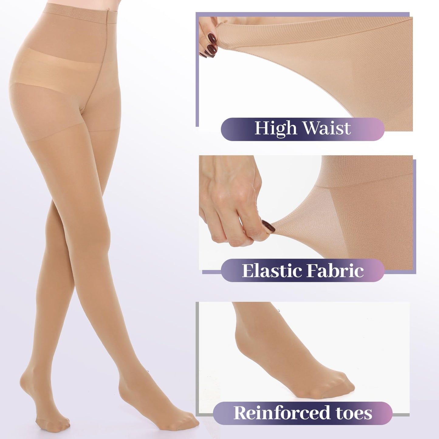MANZI 2 Pairs Run Resistant Control Top Panty Hose Opaque Tights, Large, Suntan - Medaid International