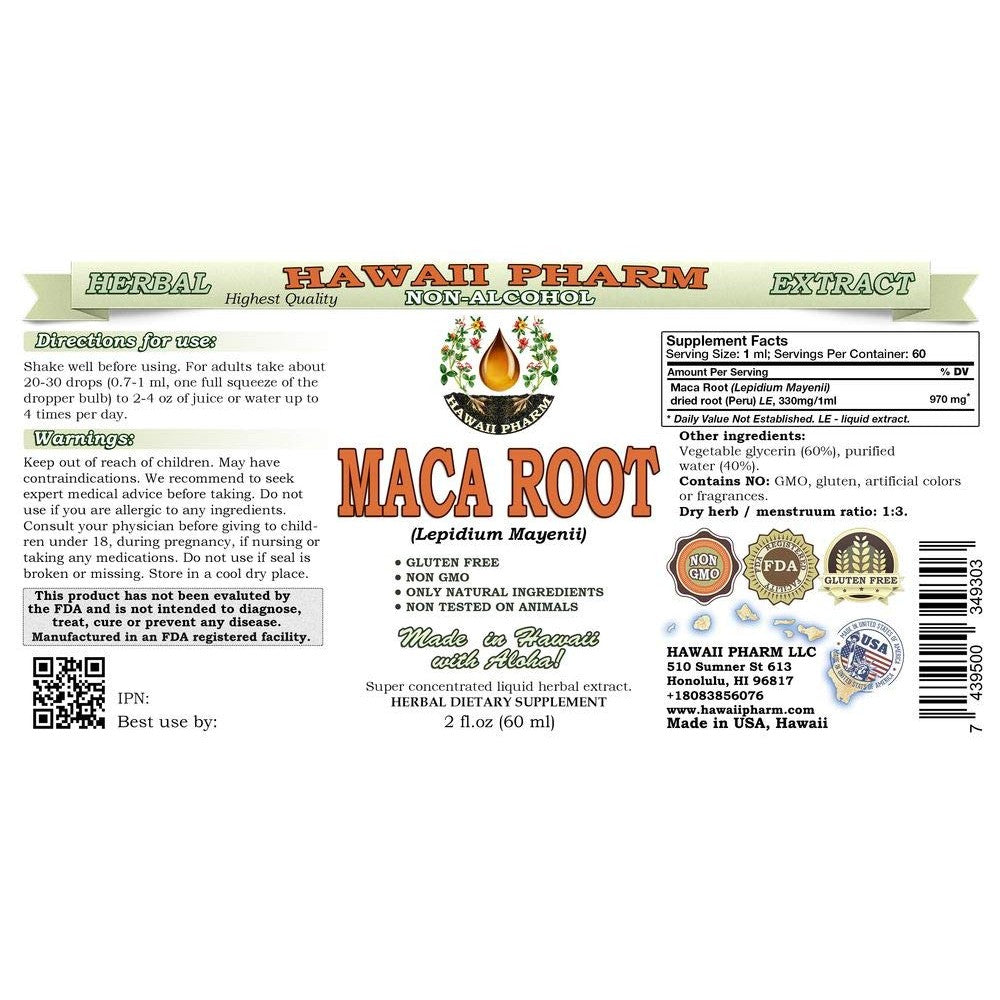 Hawaii Pharm Maca Root Alcohol-Free Liquid Extract, Organic Maca (Lepidium Meyenii) Whole Dried Plant Glycerite Natural Herbal Supplement, USA 2oz - Medaid International