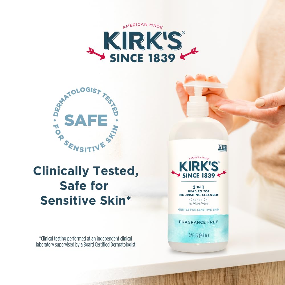 Kirk's 3-in-1 Head to Toe Nourishing Liquid Cleanser- for Men, Women & Children - Premium Coconut Oil & Aloe Vera- Non GMO & Vegan -Fragrance Free - 32 Fl Oz. - Medaid International