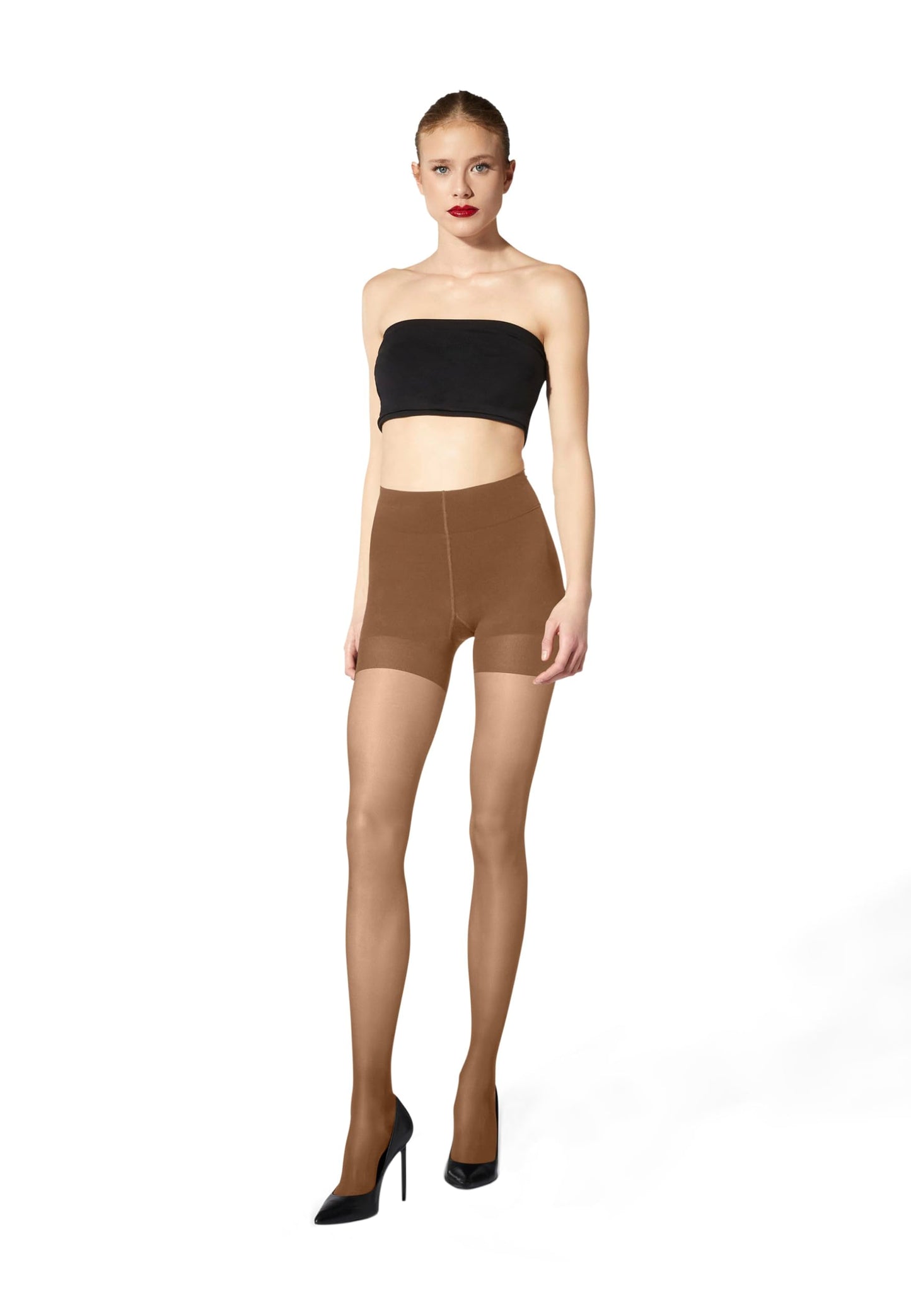 Wolford Miss W 30 Push-Up Tights for Women Knitted-In Shaping Pushup Effect Strong Leg Support Sustainable Dye Sheer Hosiery Brown Sun-tan Brown Medium - Medaid International