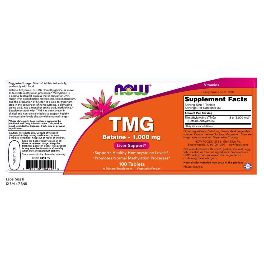 NOW Foods Extra Strength TMG 1,000 mg Tabs, 100 ct - Medaid International