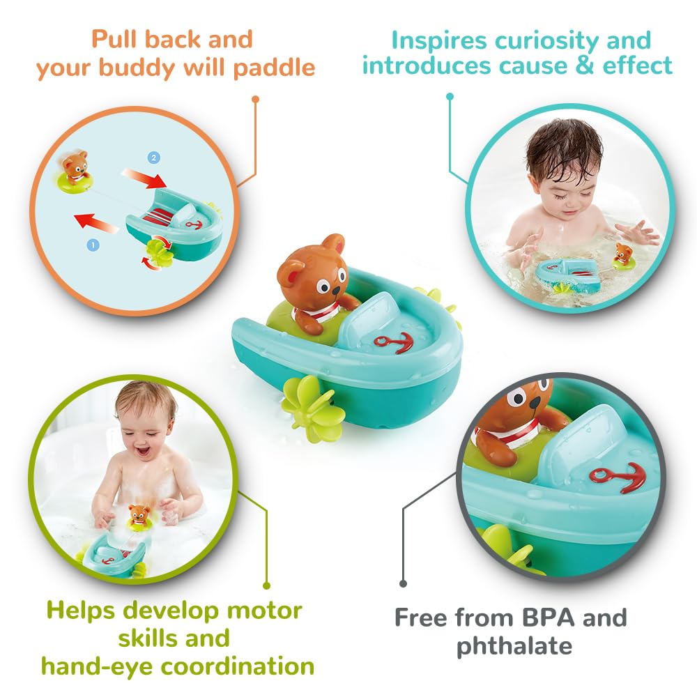 Hape Tubing Pull-Back Boat Bath Toy| Teddy Bear Floating Paddle Boat Bath Toy| Bathtub Shower Toy for Toddlers - Medaid International