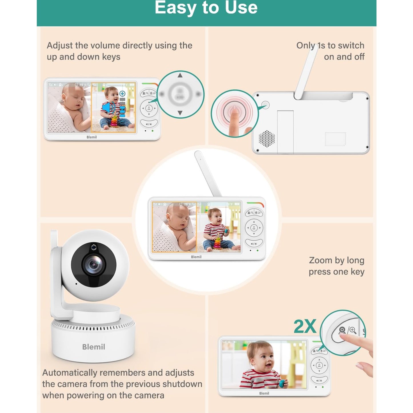 Blemil 6" Baby Monitor with 2 Cameras 4000mAh Battery Upgrade Split Screen Video Baby Monitor No WiFi Remote Pan-Tilt-Zoom Auto-Night Vision 150 Languages ECO Mode 2-Way Talk 1000FT (Ideal Condition) - Medaid International