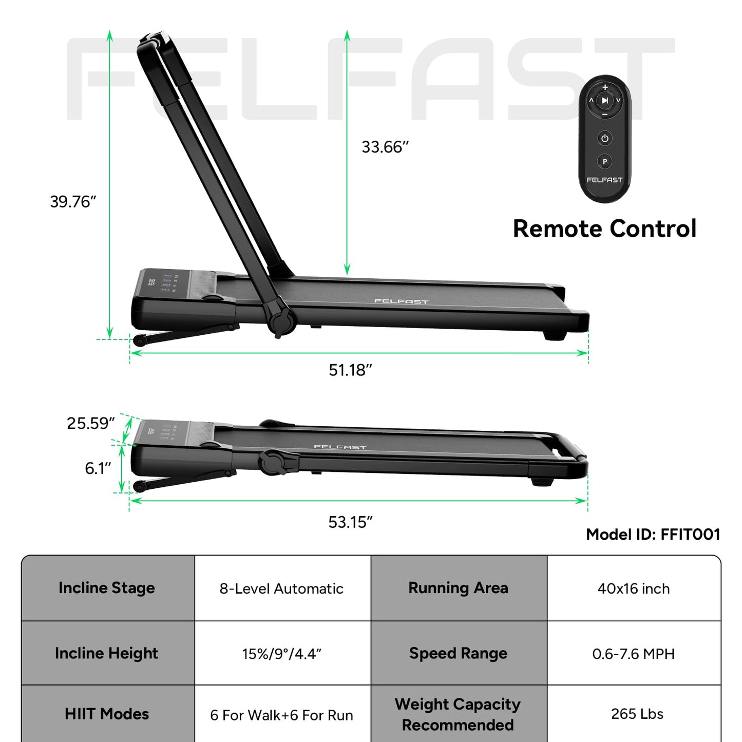 FelFast Walking Pad Treadmill with 15% 9° 8 Level Auto Incline, 2-in-1 Under Desk Foldable w/Remote Control, 12 HIIT Mode, 450 Lbs Max, 7.6 MPH Max, Portable Mini Treadmill for Office Home - Medaid International