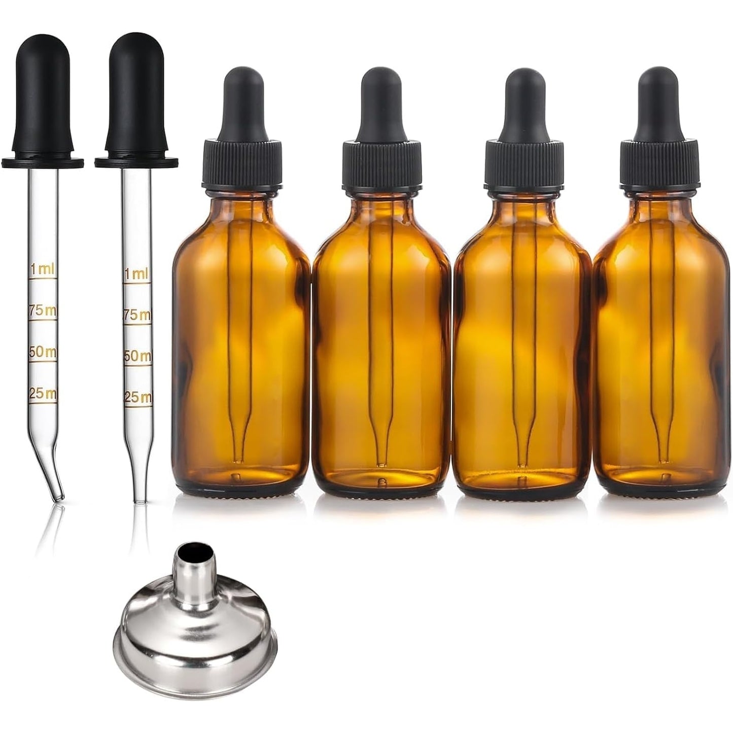 Loiisgy 4 Pack 50ml Dropper Bottles with 2 Extra 1mL Calibrated Glass Droppers & 1 Funnel, Amber Glass Dropper Bottle with Measured Dropper - Medaid International