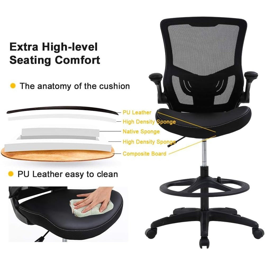 Drafting Chair Ergonomic Tall Office Chair Standing Desk Chair with Flip Up Arms Foot Rest Back Support Adjustable Height Mesh Drafting Stool, Black - Medaid International