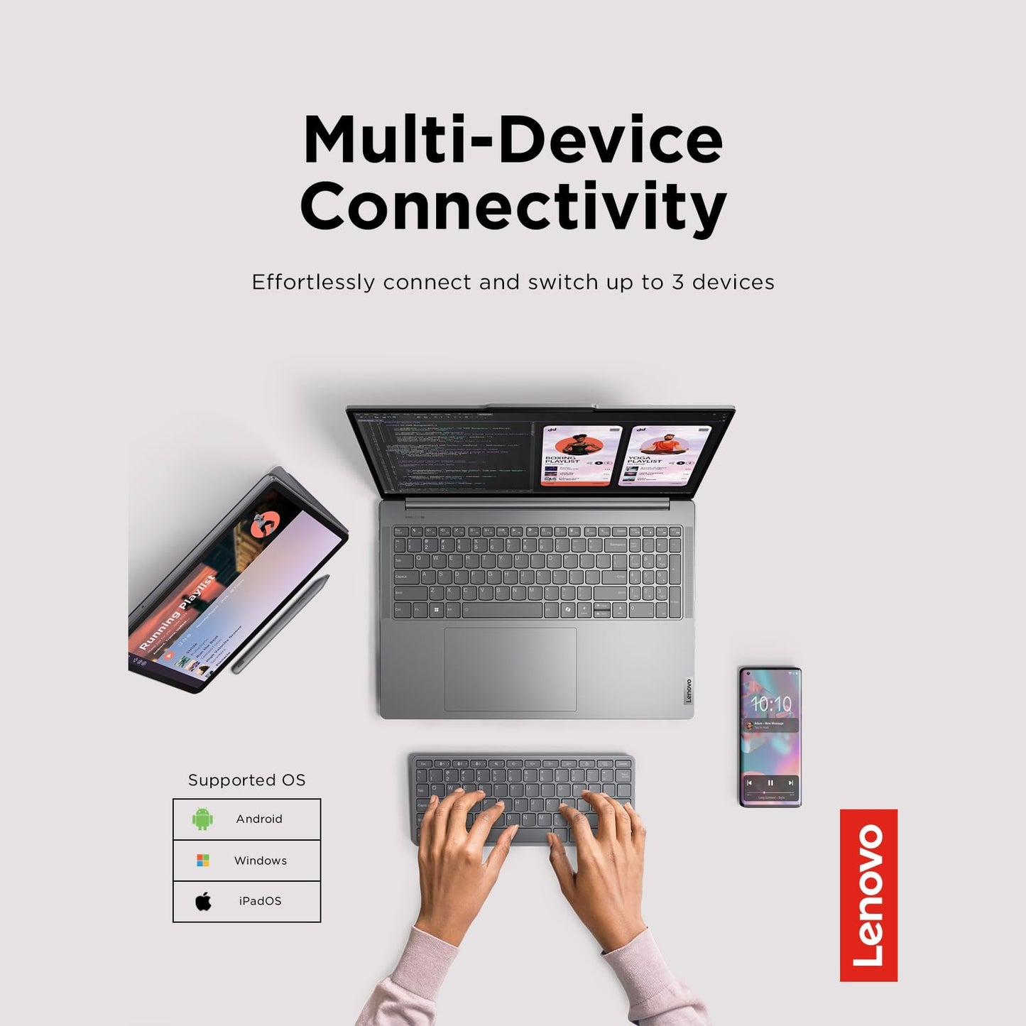 Lenovo Multi-Device Wireless Bluetooth Keyboard, Connect Up to 3 Devices Simultaneously, Compatible with iOS, Android, Windows, Slim Profile, Rechargeable, 60-Hour Battery Life, Iron Grey - Medaid International
