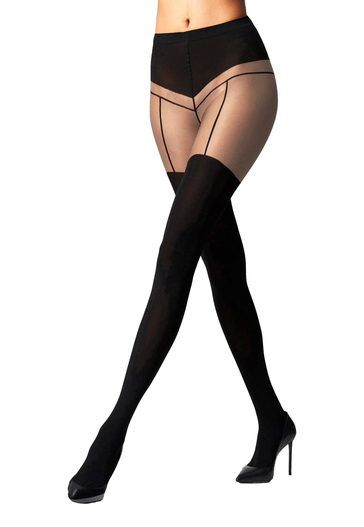 Wolford Garter Belt Tights For Women 40 Denier Sheer-Opaque Matte Pantyhose With Soft Knitted Waistband Circular Knit Design fairly light/black X-Small - Medaid International