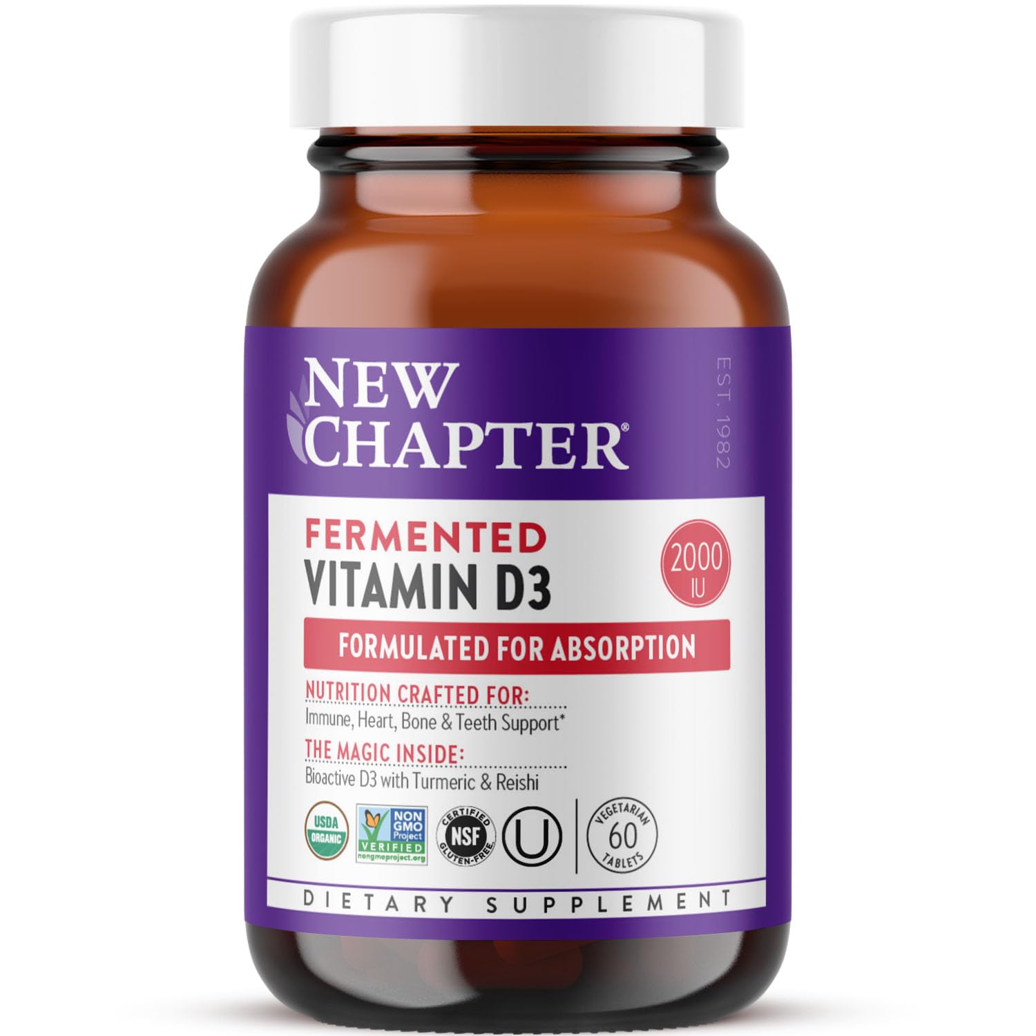 New Chapter Fermented Vitamin D3 2,000 IU, Organic, ONE Daily for Immune, Heart & Bone Support + Whole-Food Turmeric, Adaptogenic Reishi Mushroom, 100% Vegetarian, Gluten Free, 60 Count - Medaid International