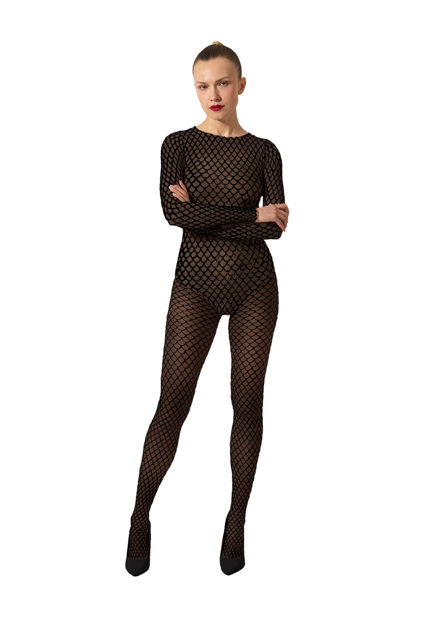 Wolford Velvet Net Illusion Tights Pantyhose for Women Geometric Pattern 3D Effect Sheer Opaque Knit Soft Waistband Hosiery black/Black Small - Medaid International